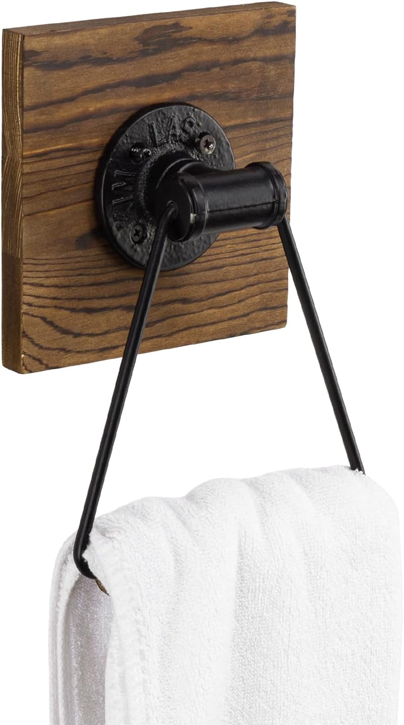 Soporte toalla baño anillo 14x22cm metal negro madera quemada