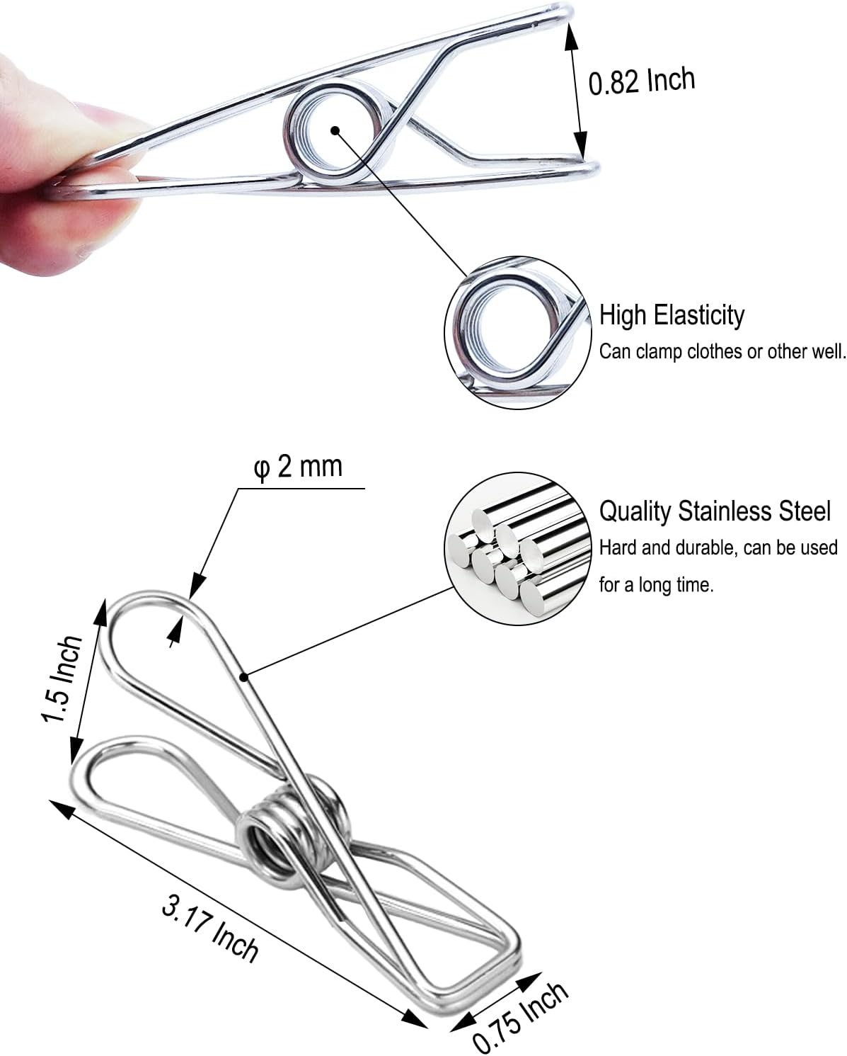 20 Pinzas Acero Inox 3.17" para Ropa Viaje y Alimentos