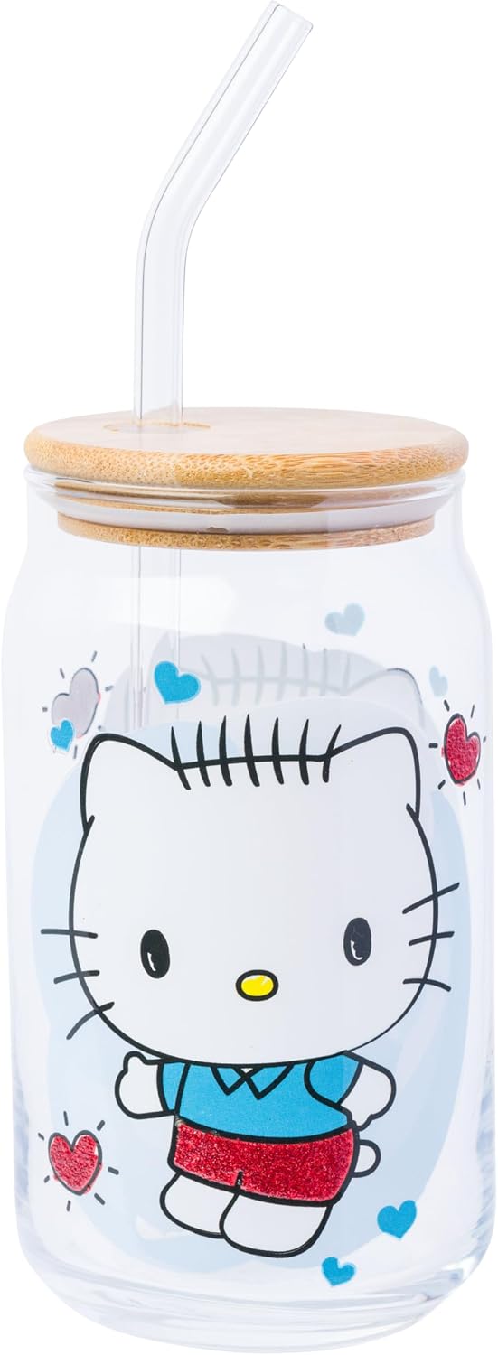 2 Vases Vidrio Hello Kitty Purpurina Tapa Bambú Popote 16oz