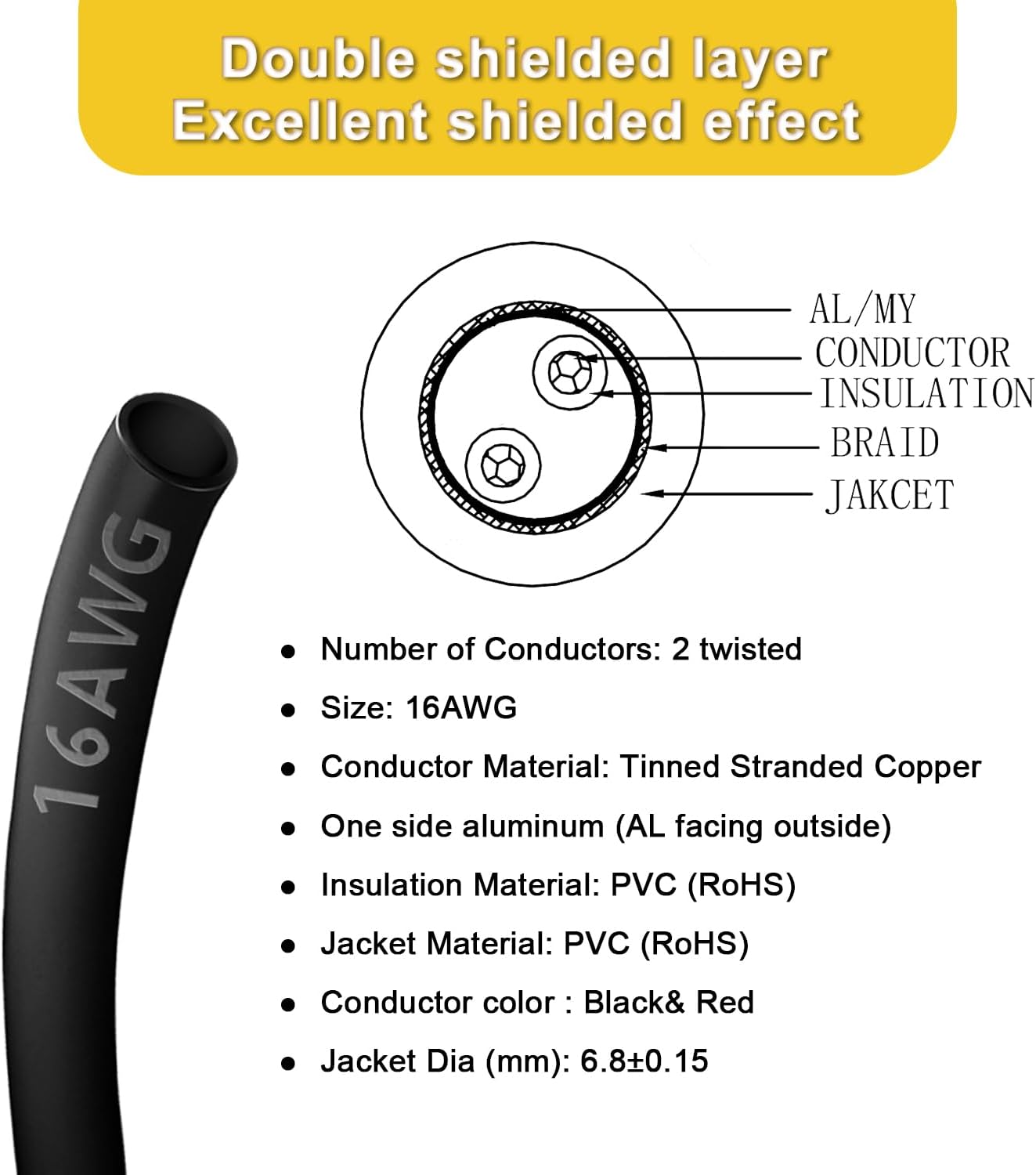 Cable blindado 16AWG 2 núcleos cobre estañado 50pies para CNC
