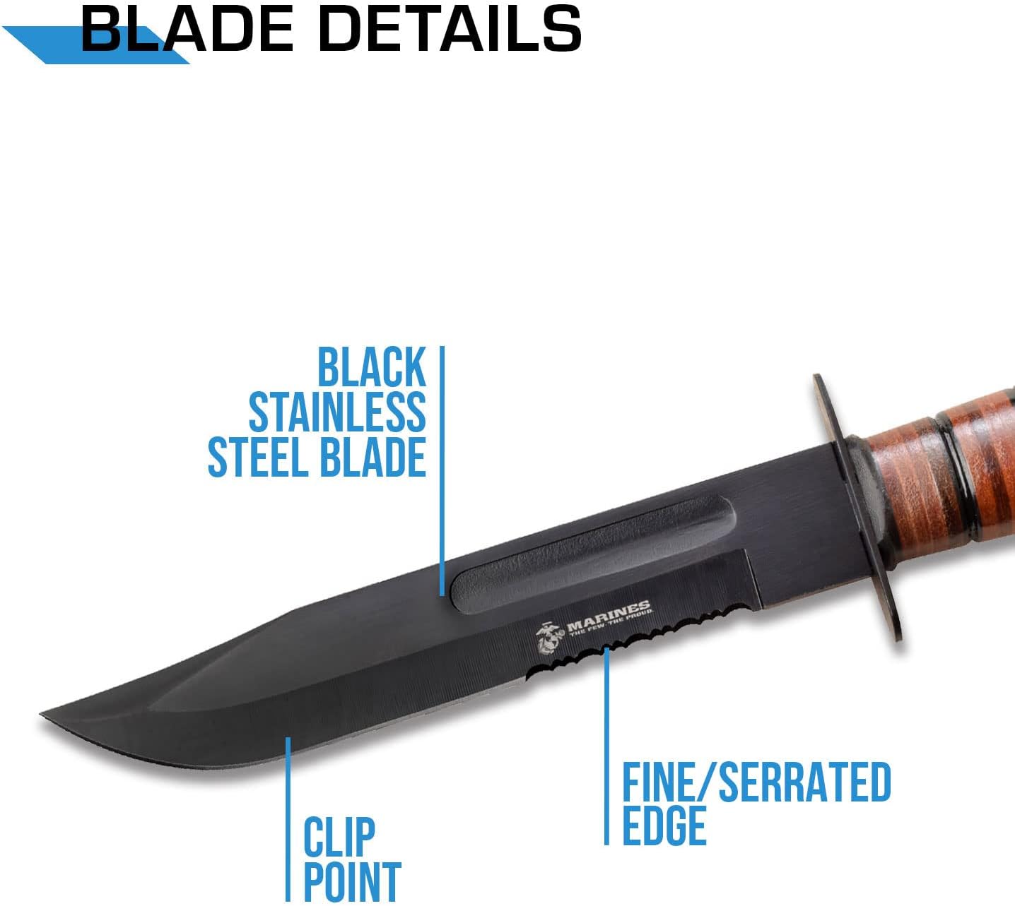 Cuchillo fijo negro hoja dentada mango cuero táctico