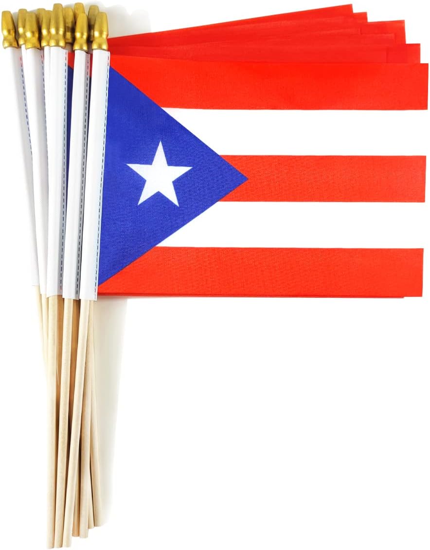 Mini banderas mano Puerto Rico poste madera 12 pzas