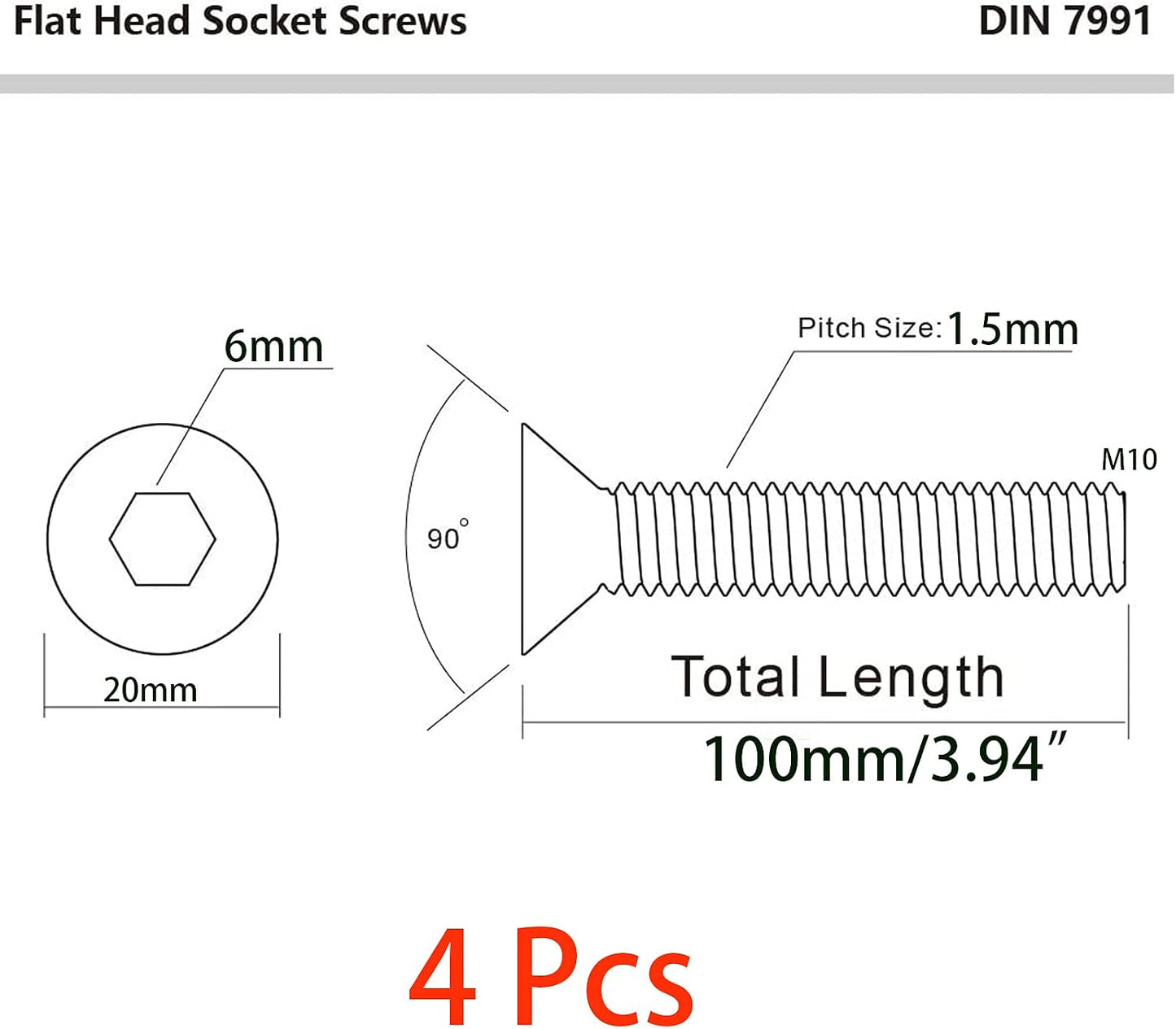 4 s cabeza plana M10 acero inox 18-8 brillante unidad enchufe Allen