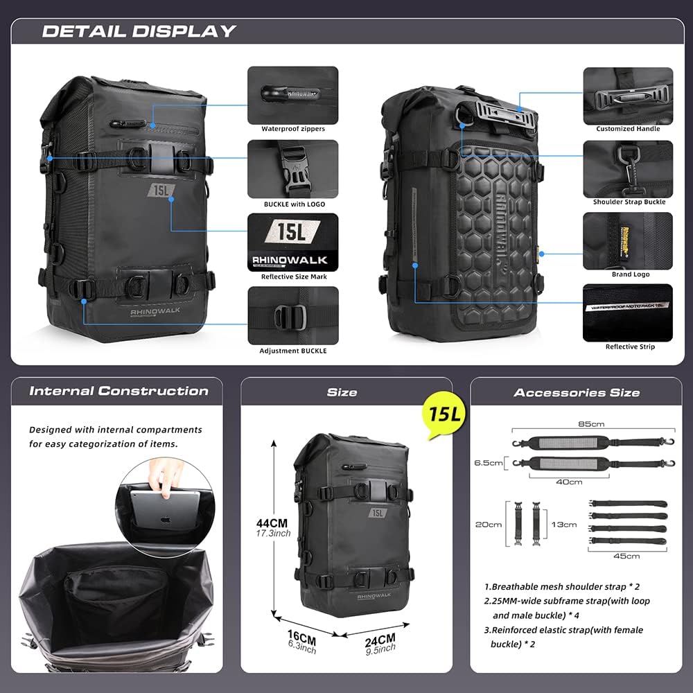 Bolsa trasera motocicleta 15L impermeable profesional negro
