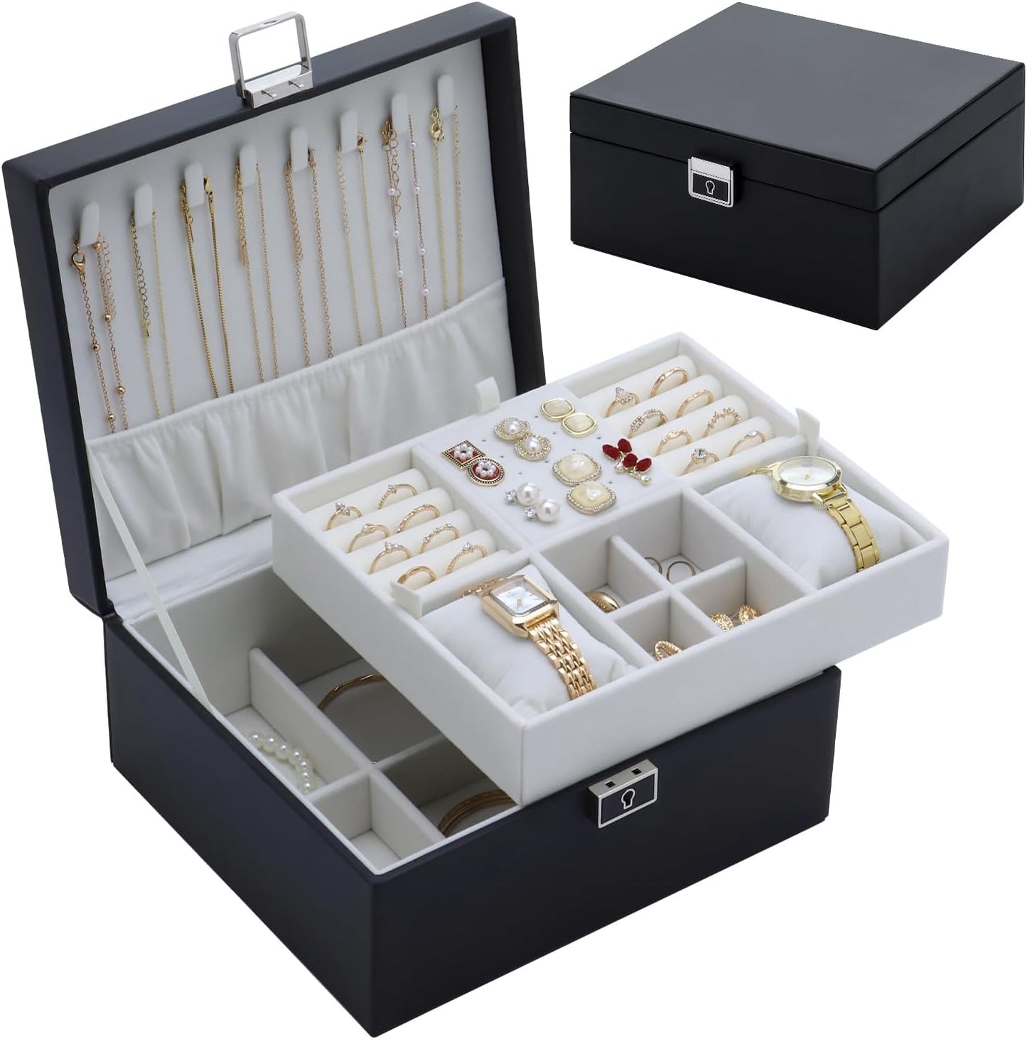 Caja joyas cuero genuino 2 capas con bandeja terciopelo