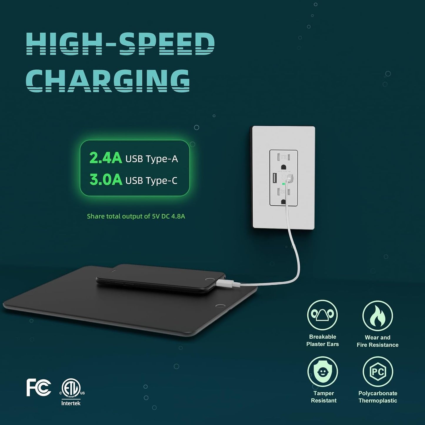Cargador pared USB 4.8A con puertos USB C/A 15A blanco set 4