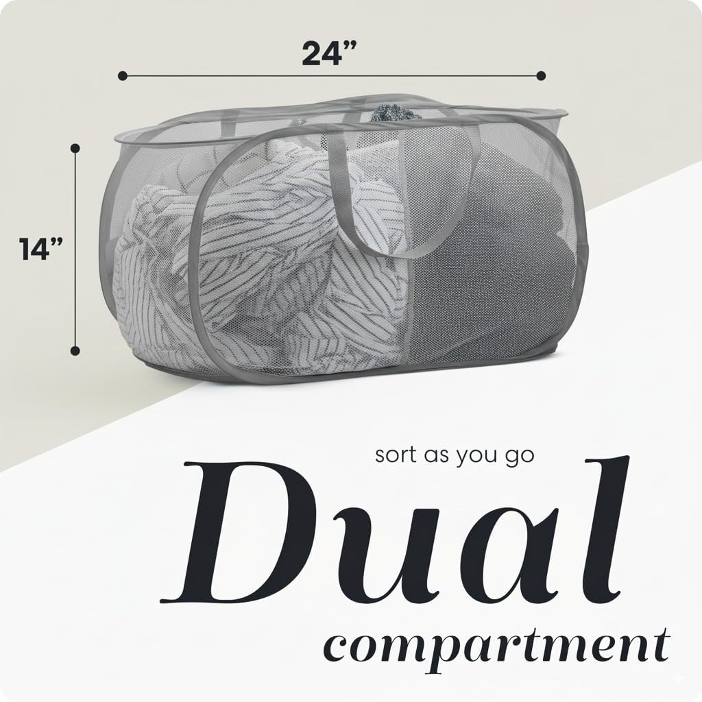 Cesta plegable lavandería con 2 compartimentos asas gris