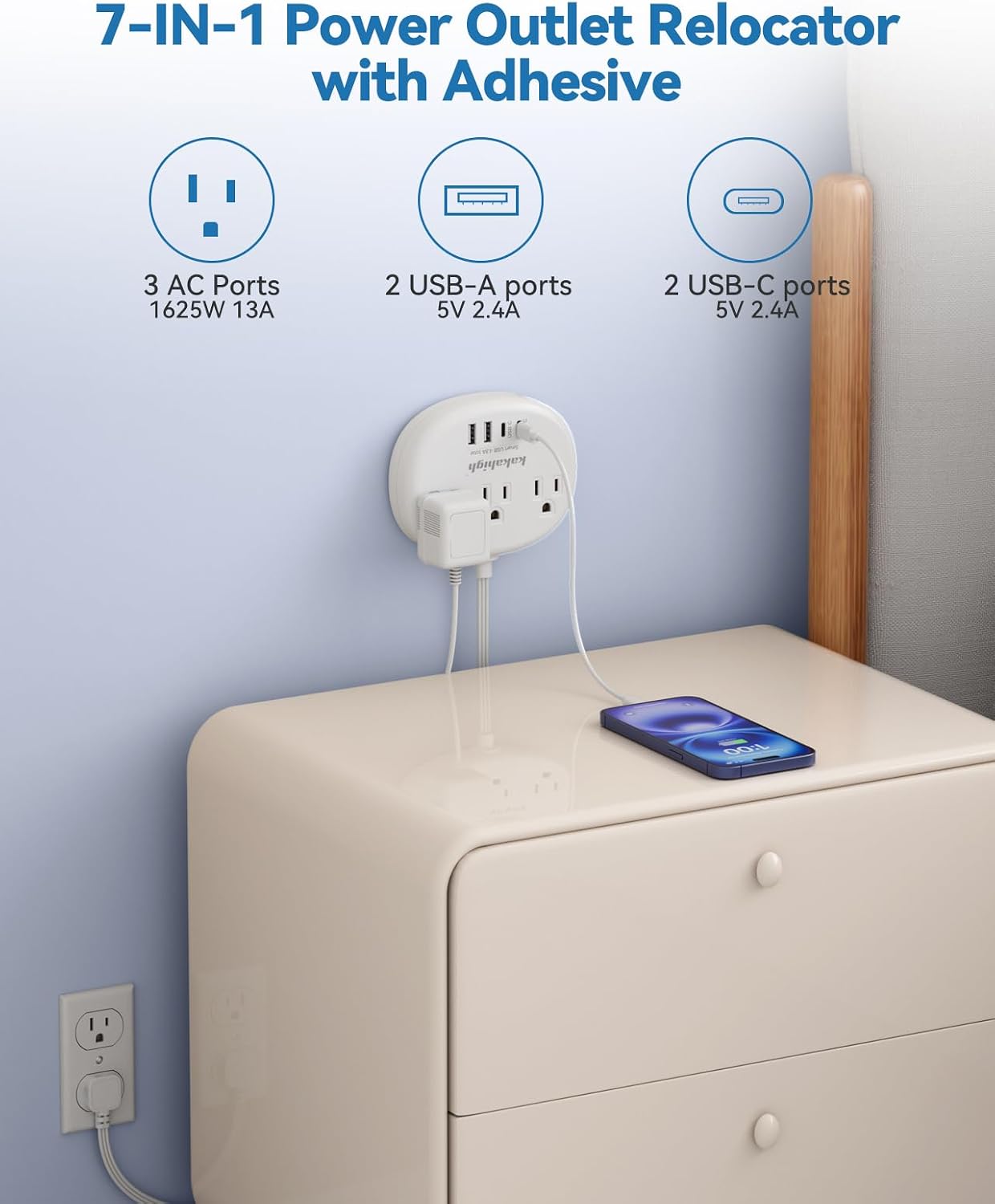 Relocador toma corriente adhesivo 5ft 3 salidas CA 4 USB 24W