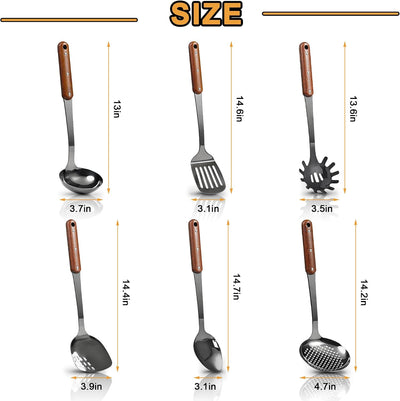 Set 6 Utensilios Acero Inox con Mango Madera Resistentes Calor