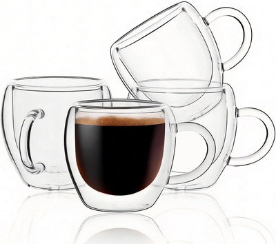 Juego de 4 tazas de espresso transparentes con asa y aislamiento doble