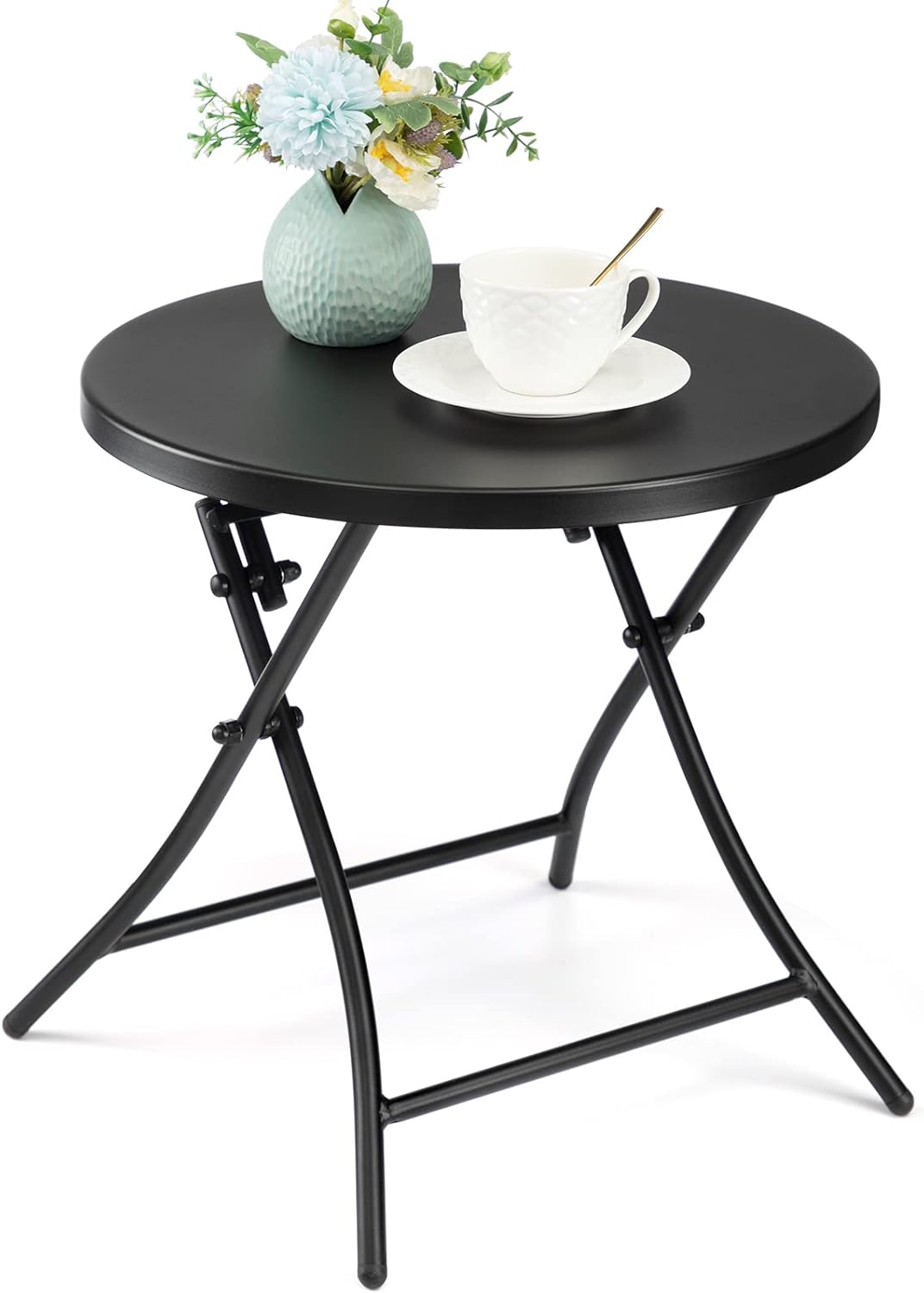 Mesa auxiliar redonda plegable metal negro patio