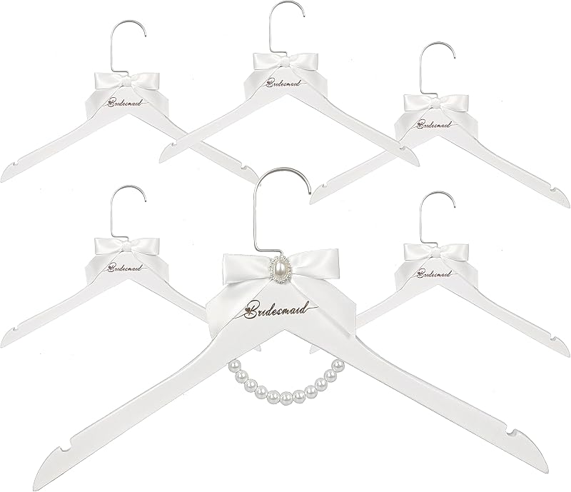 6 Perchas Dama Honor Madera Blanca con Lazo y Perlas