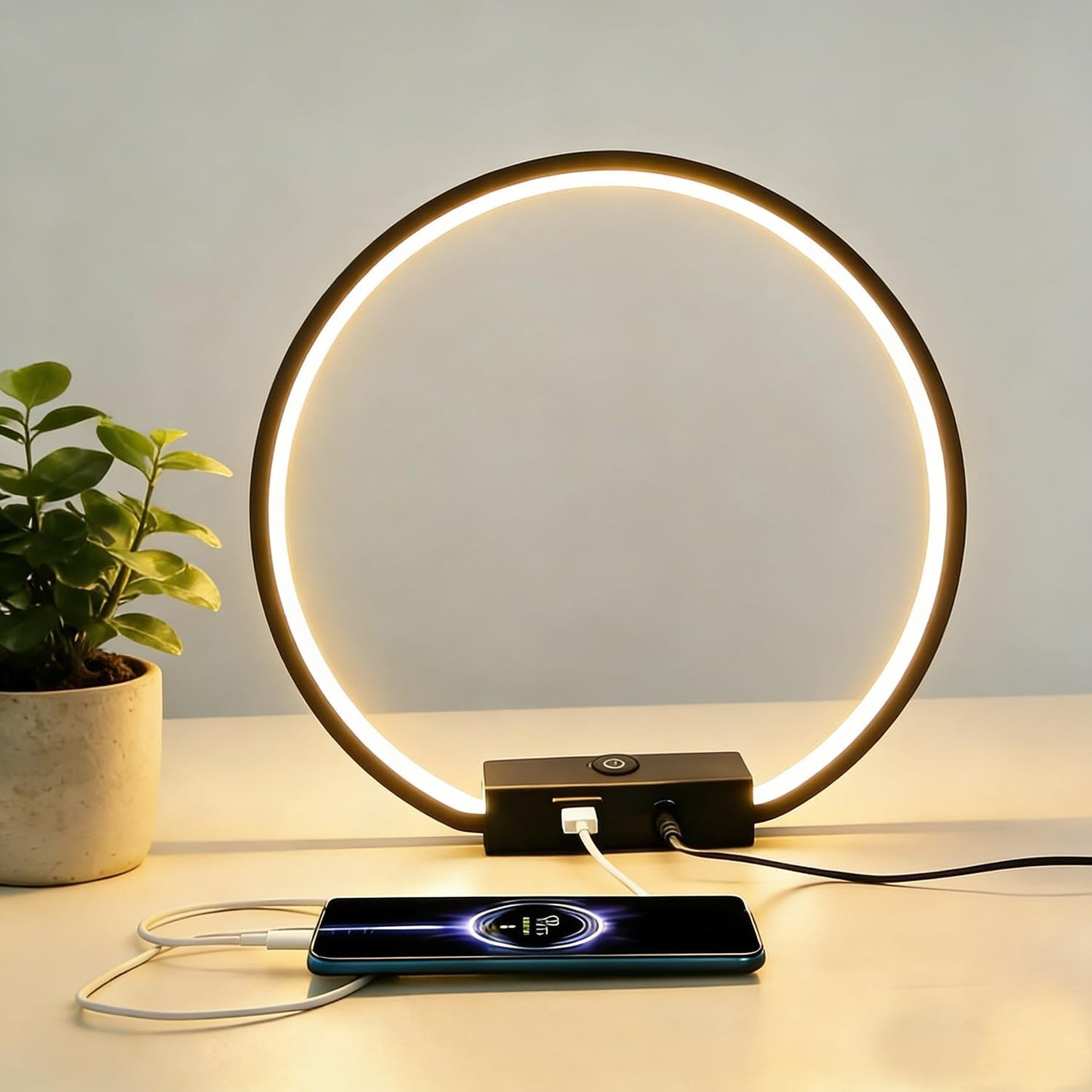 Lámpara mesa LED circular tactil 3 vías USB 12W 3000K