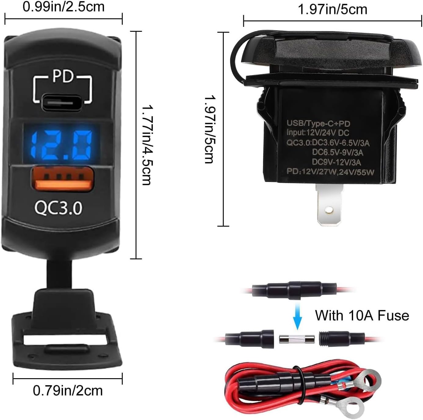 Adaptador USB tipo C 12V QC3.0 PD con voltímetro para RV