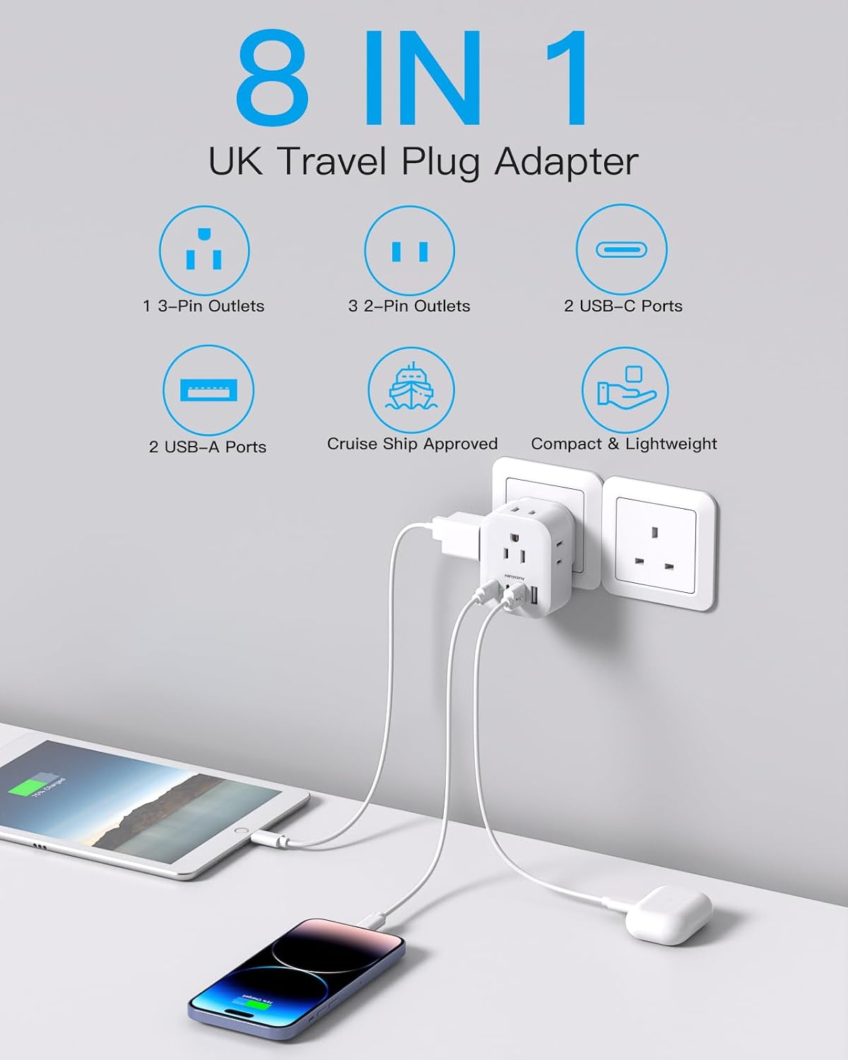 Adaptador enchufe EE.UU. a Reino Unido con 4 puertos USB