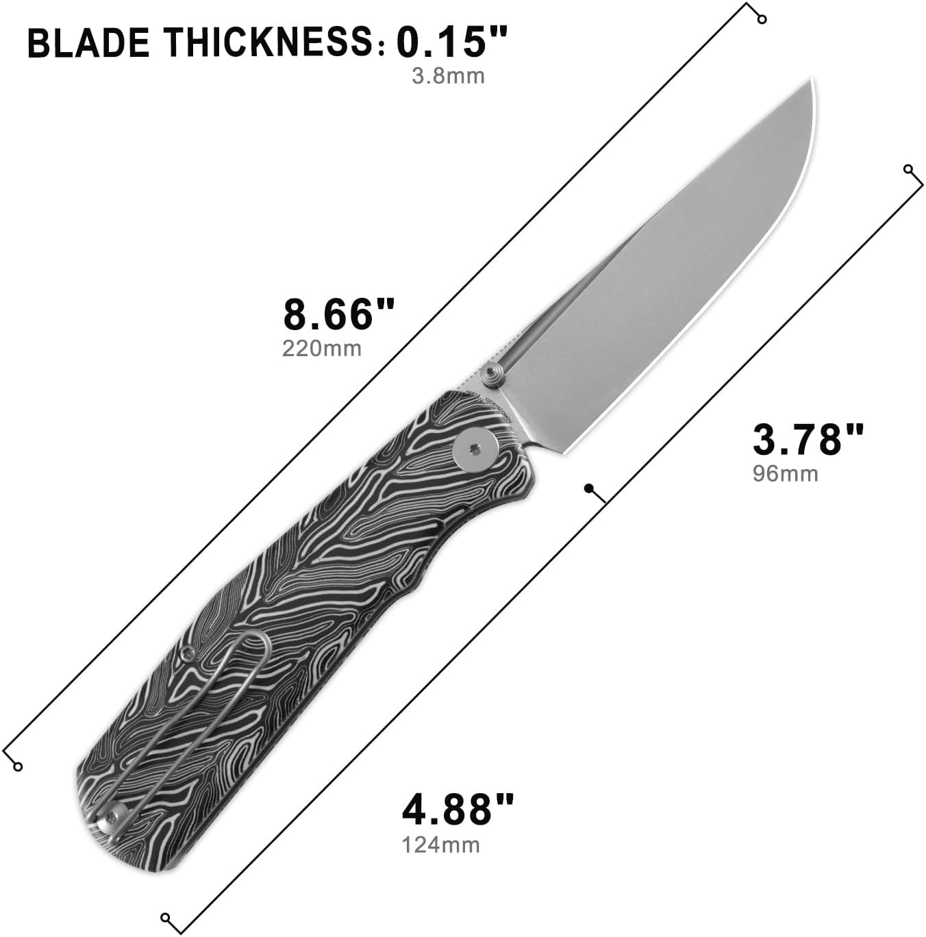 Cuchillo plegable 3.9pulg acero lavado G10 para acampar EDC