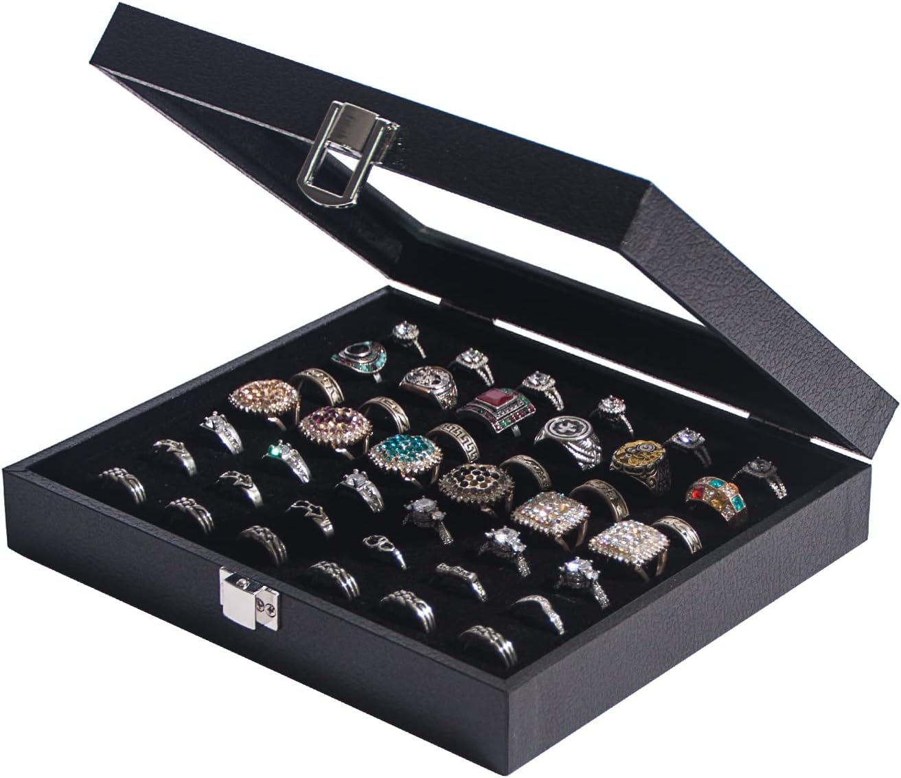 Estuche organizador anillos negras con tapa cristal 42 ranuras