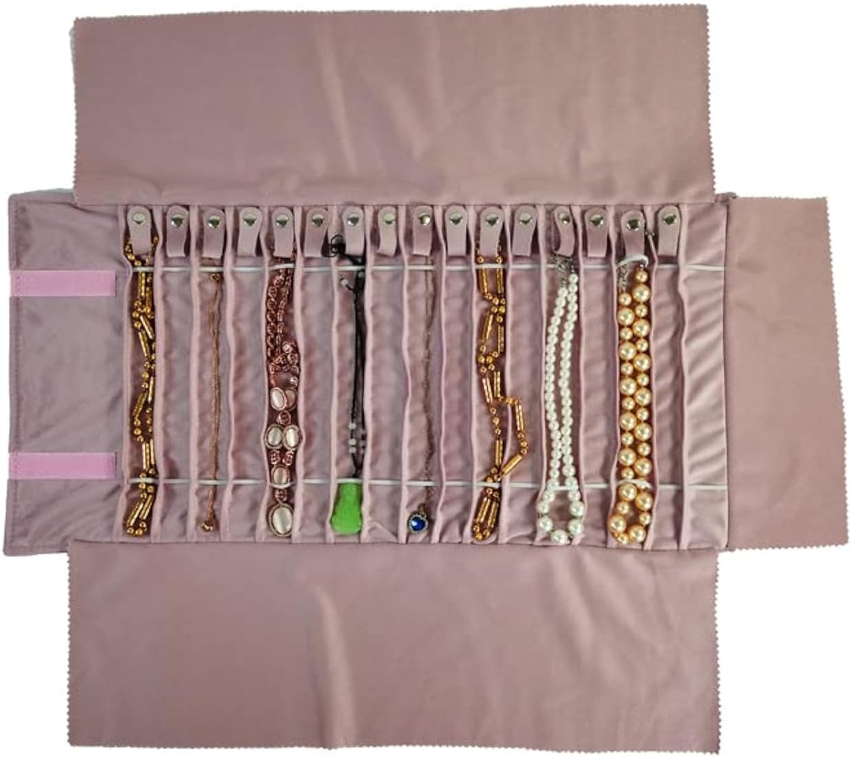 Bolsa viaje joyas enrollable 16 cadenas terciopelo rosa