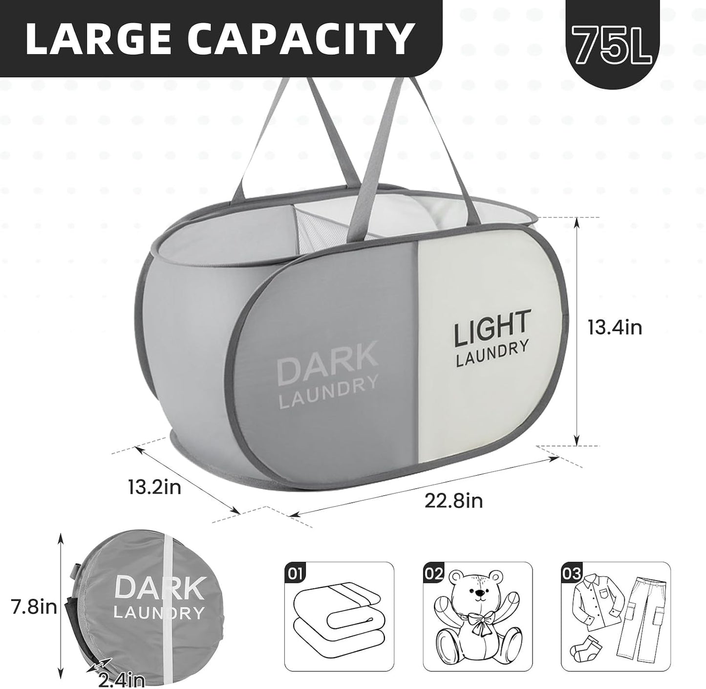 Cesta plegable para ropa sucia gris con 2 compartimentos