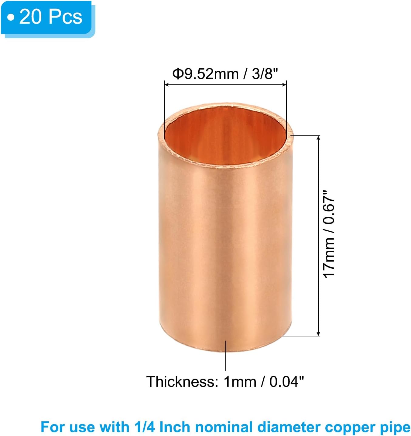 Conectores cobre 1/4 con extremos sudor 20 pzas