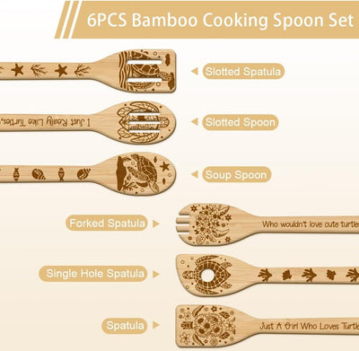 Set 6 cucharas madera tortugas utensilios cocina bambú grabado