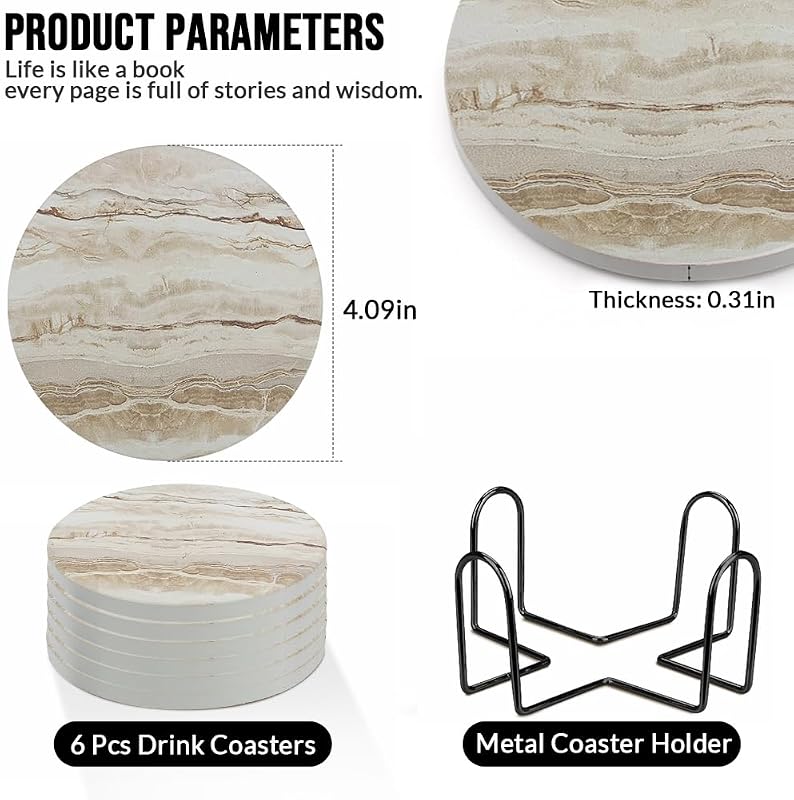 6 Pzas Posavasos Cerámica Textura Mármol con Soporte Corcho