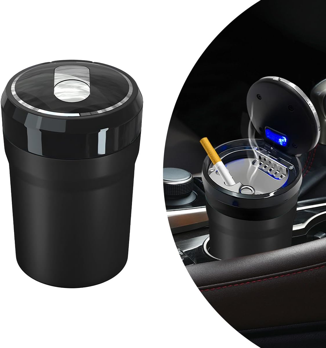 Cenicero automóvil con luz led, tapa y soporte taza desmontable