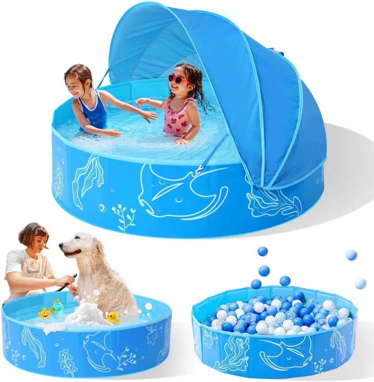 Piscina plegable para niños 47pulg con dosel azul