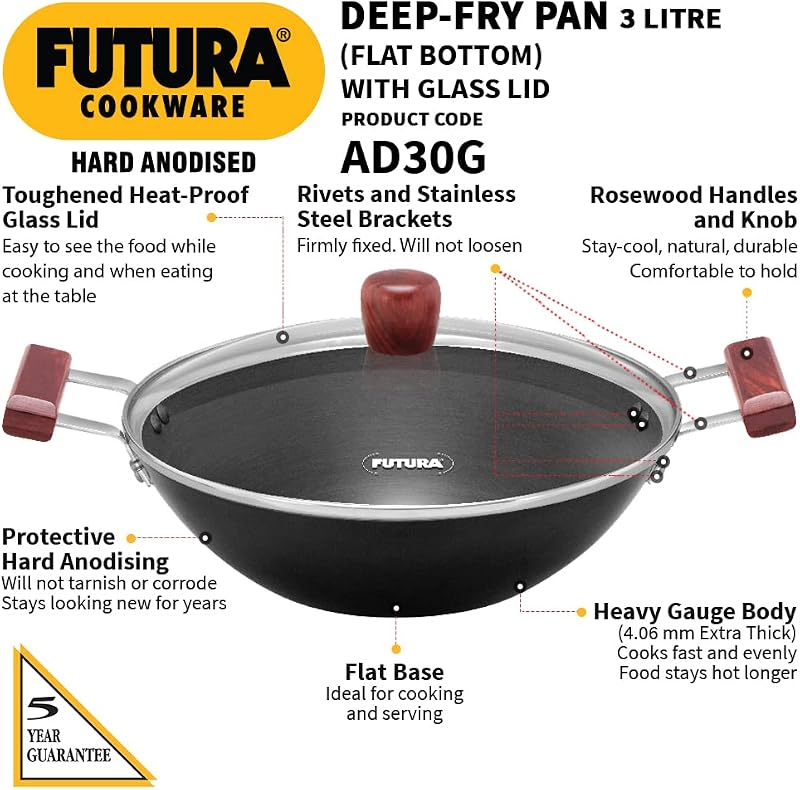 Sartén profunda 3L Kadai anodizado con tapa vidrio negro