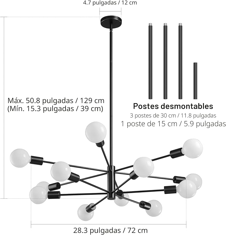 Lámpara de Araña E26 12 Luces Negro Ajustable para Comedor