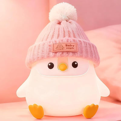 Luz nocturna de pingüino rosa con sombrero para bebé recargable led