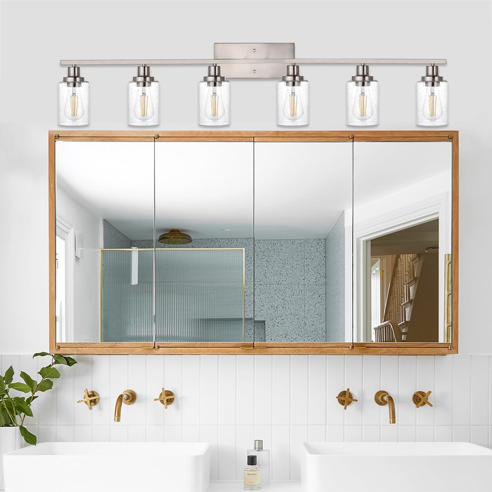 Lámpara tocador baño 6 luces vidrio sembrado níquel