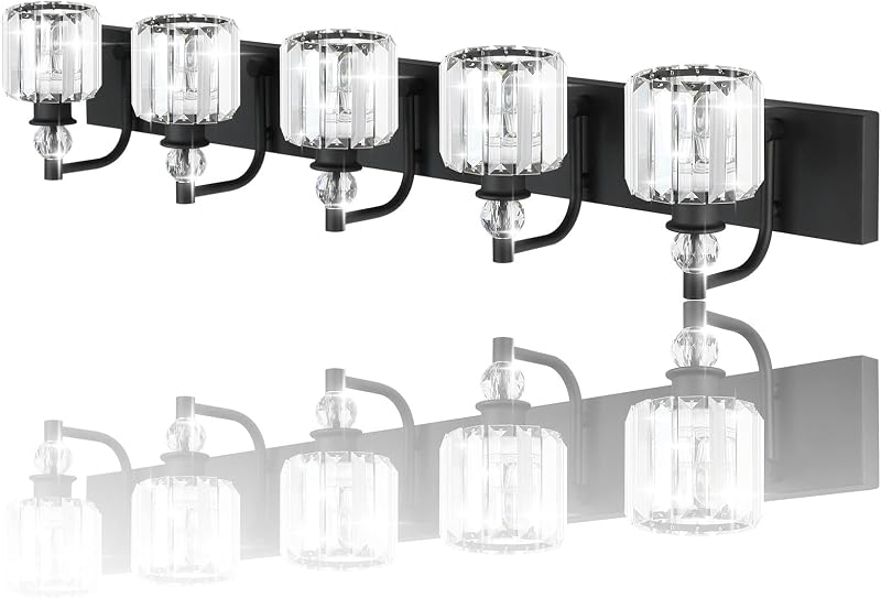 Lámpara tocador cristal negro 5 luces baño moderna