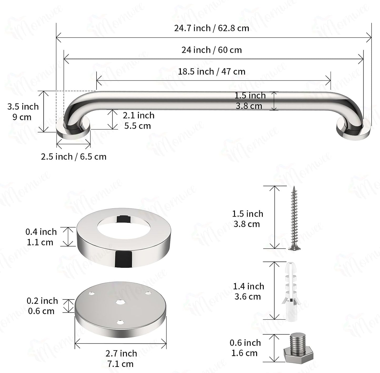 2 Barras agarre ducha 24pulg acero inox cromado