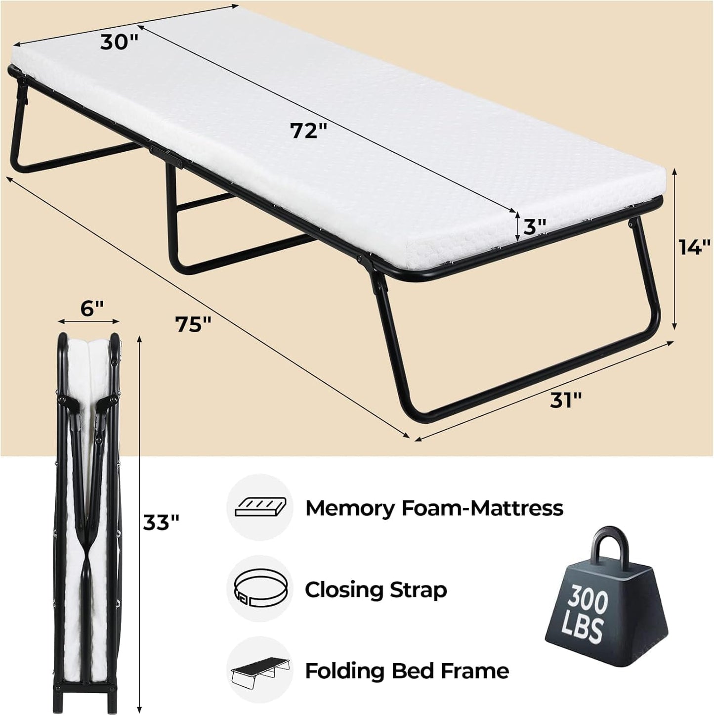 Cama plegable con colchón viscoelástico 75x31