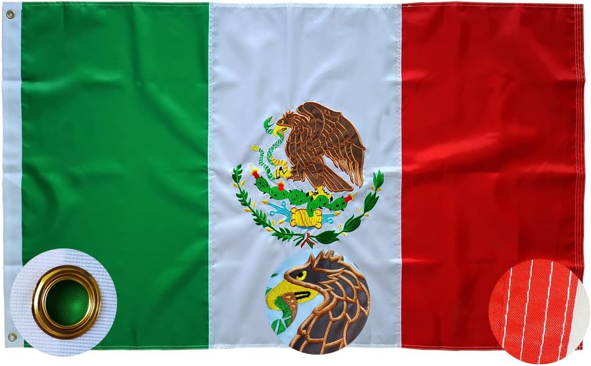 Bandera México 2x3ft bordada poliéster 210d ojales latón