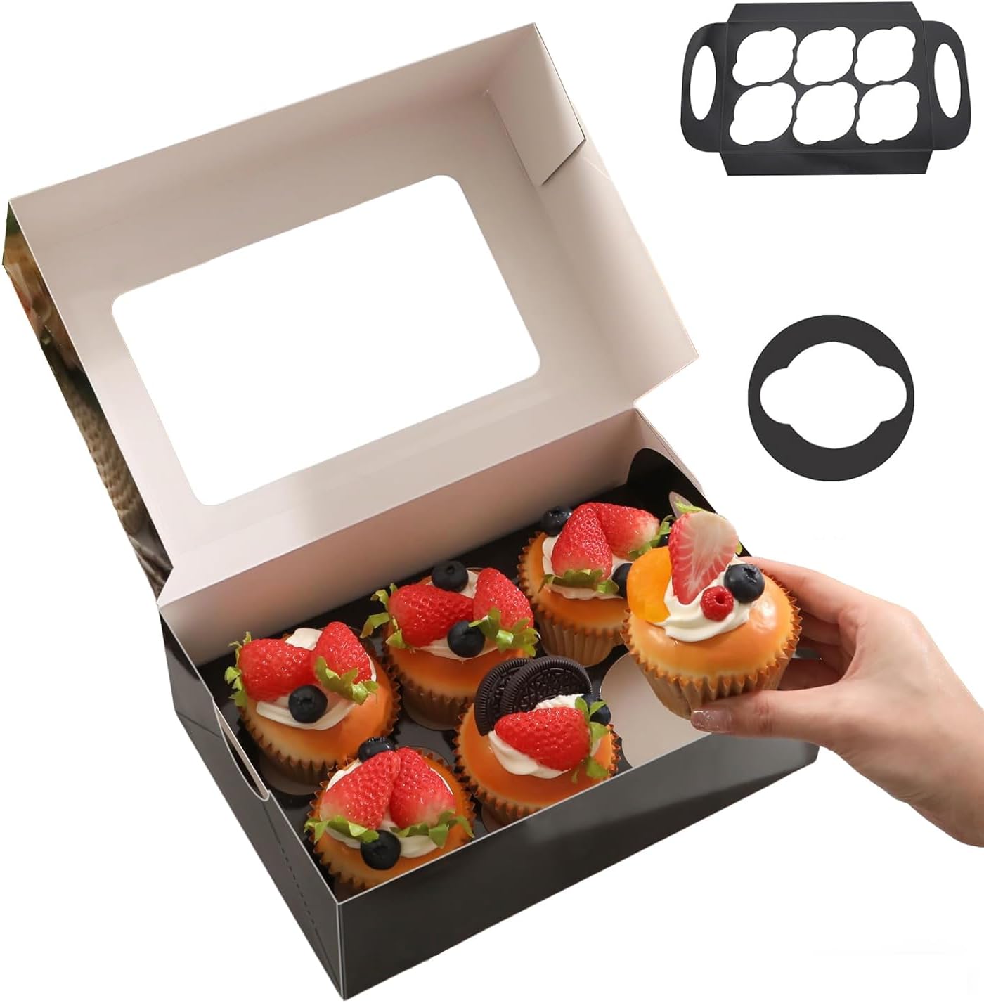 25 Cajas Negras Cupcakes con Ventana 6 Uds