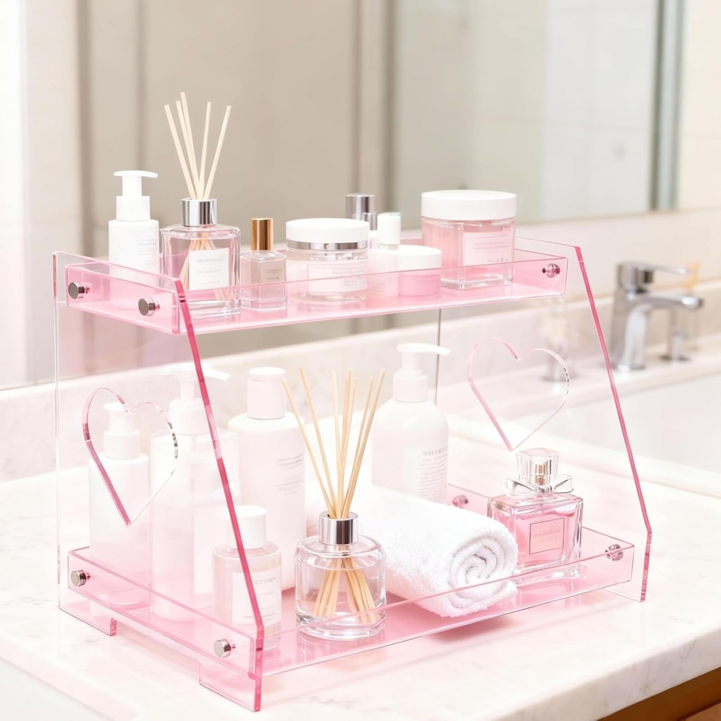 Estante organiz. encimera baño 2 niveles forma corazón rosa
