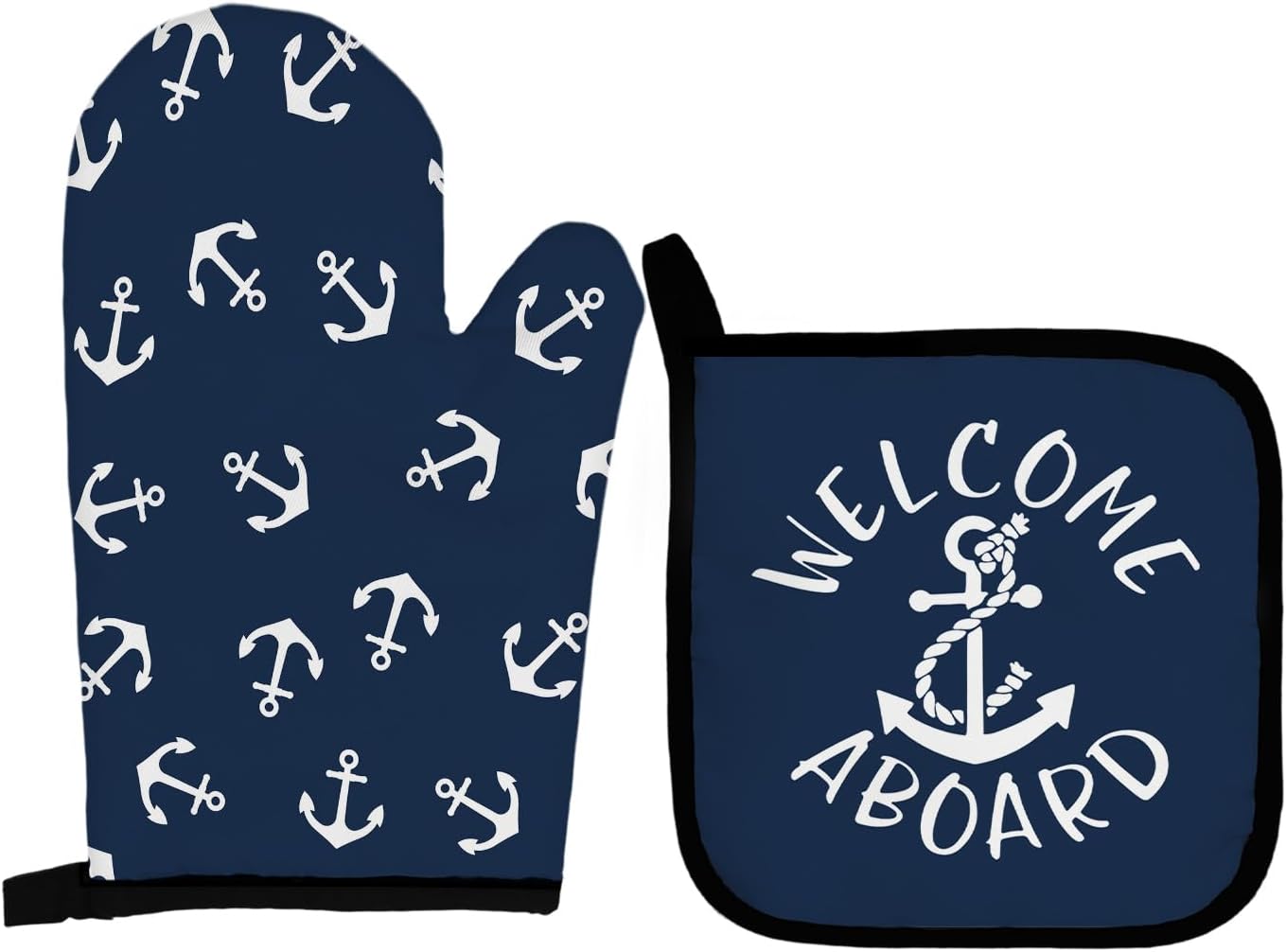Juego guantes horno y soportes ollas barco anclajes azul marino