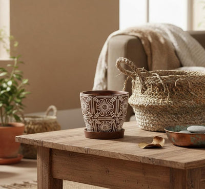 Maceta cerámica rústica 5.5x5.5" blanco y marrón