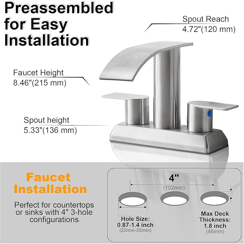 Grifo baño cascada níquel 2 manijas acero inox 4"