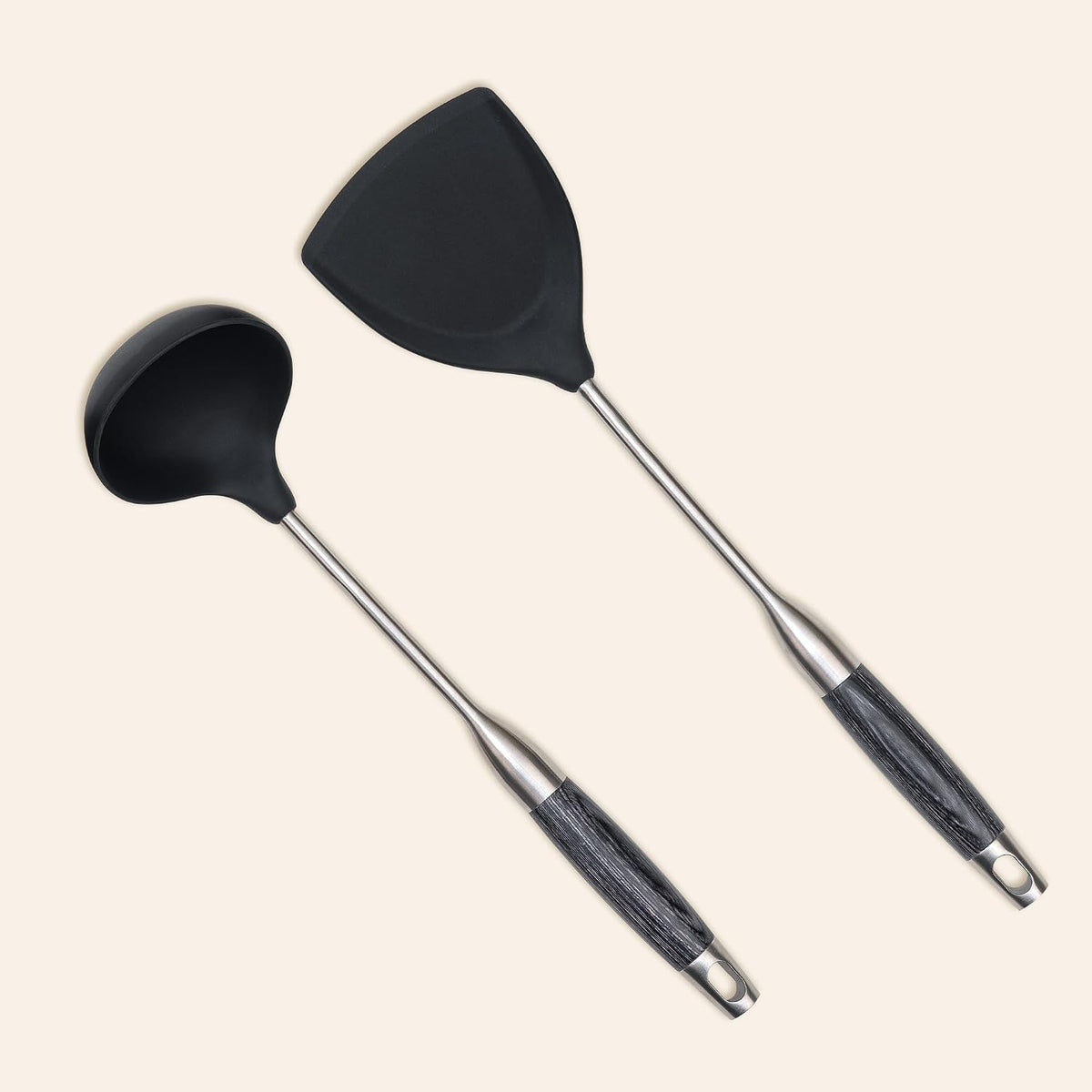 Set 2 Utensilios Silicona Wok Acero Inox Negro