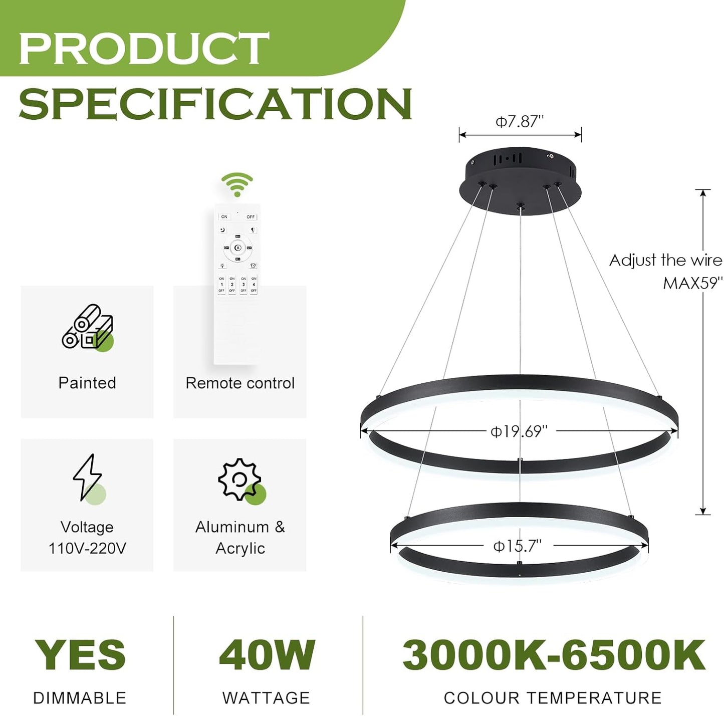 Candelabro LED 2 anillos negro para comedor sala entrada