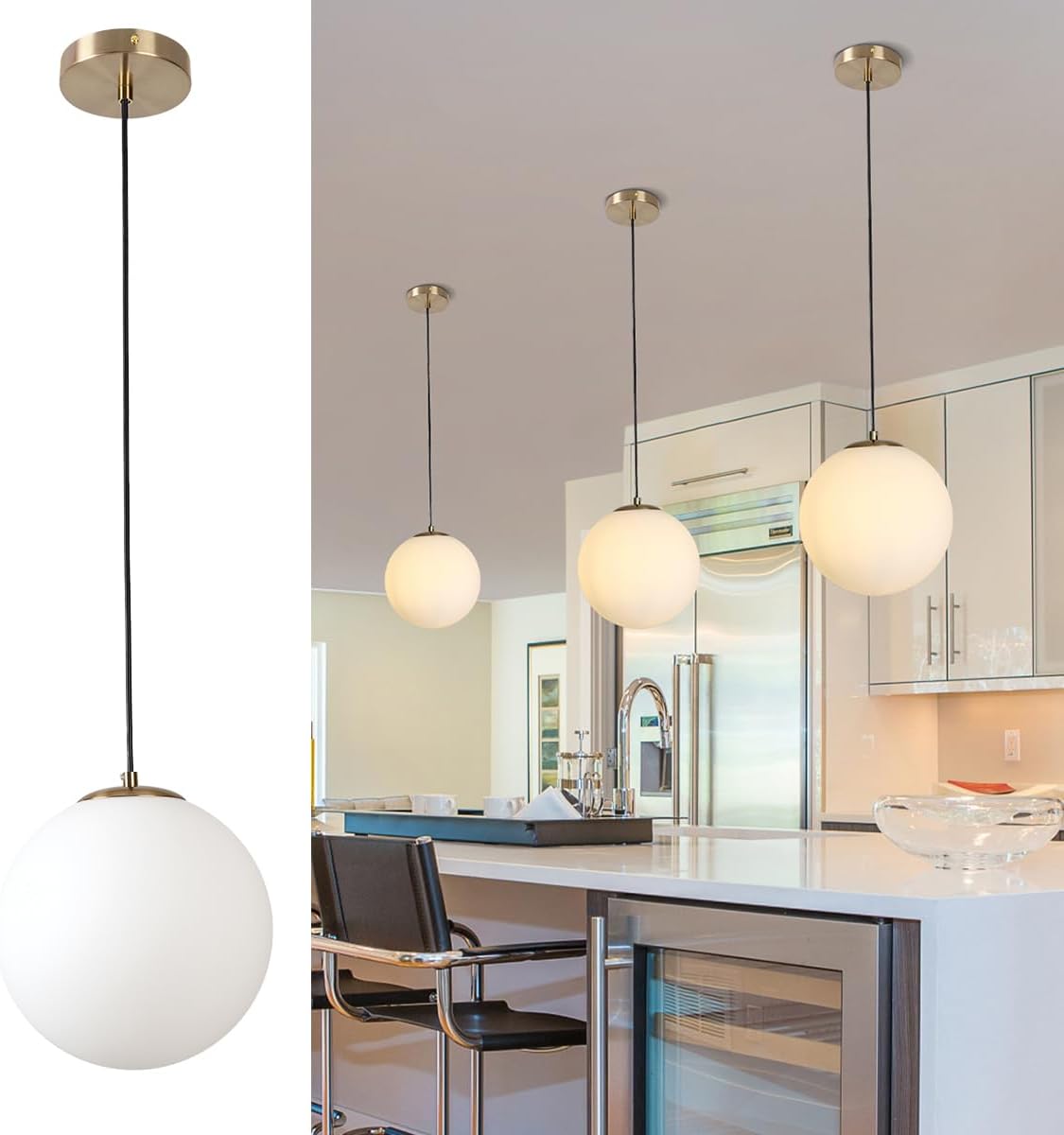 Lámpara colgante globo moderna de latón pantalla opal blanco