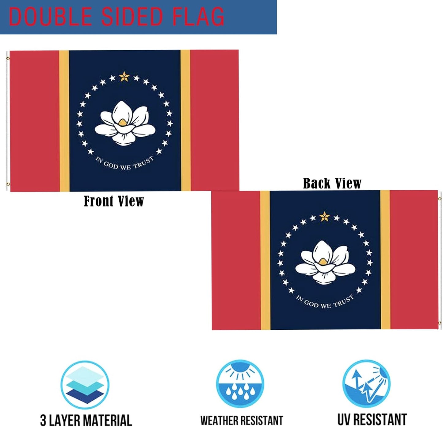 Bandera Mississippi 3x5ft lona resistente doble cara