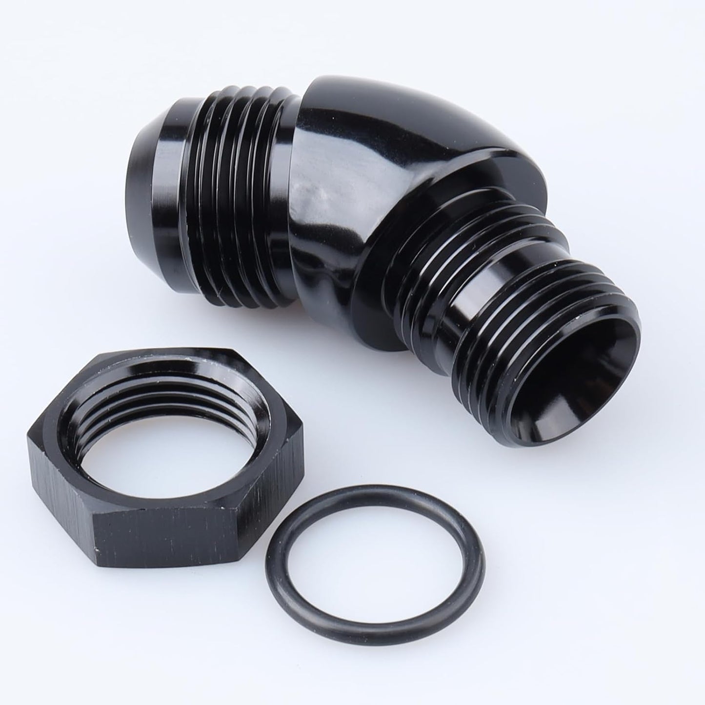 Adaptador flujo completo aluminio negro 45 grados