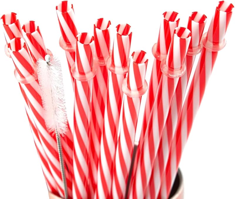 Pajitas plástico navidad rojas y blancas con cepillo 12 pzas