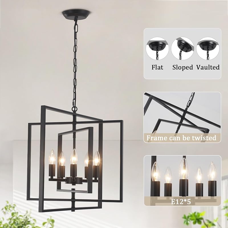 Candelabro negro 5 luces colgante rústico geométrico