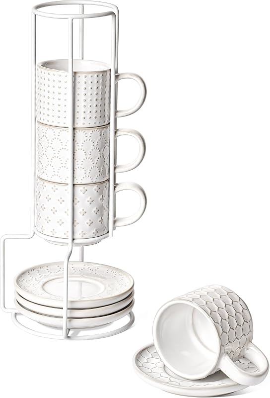 Set 4 Tazas Café Cerámica con Platillos Soporte Blanco