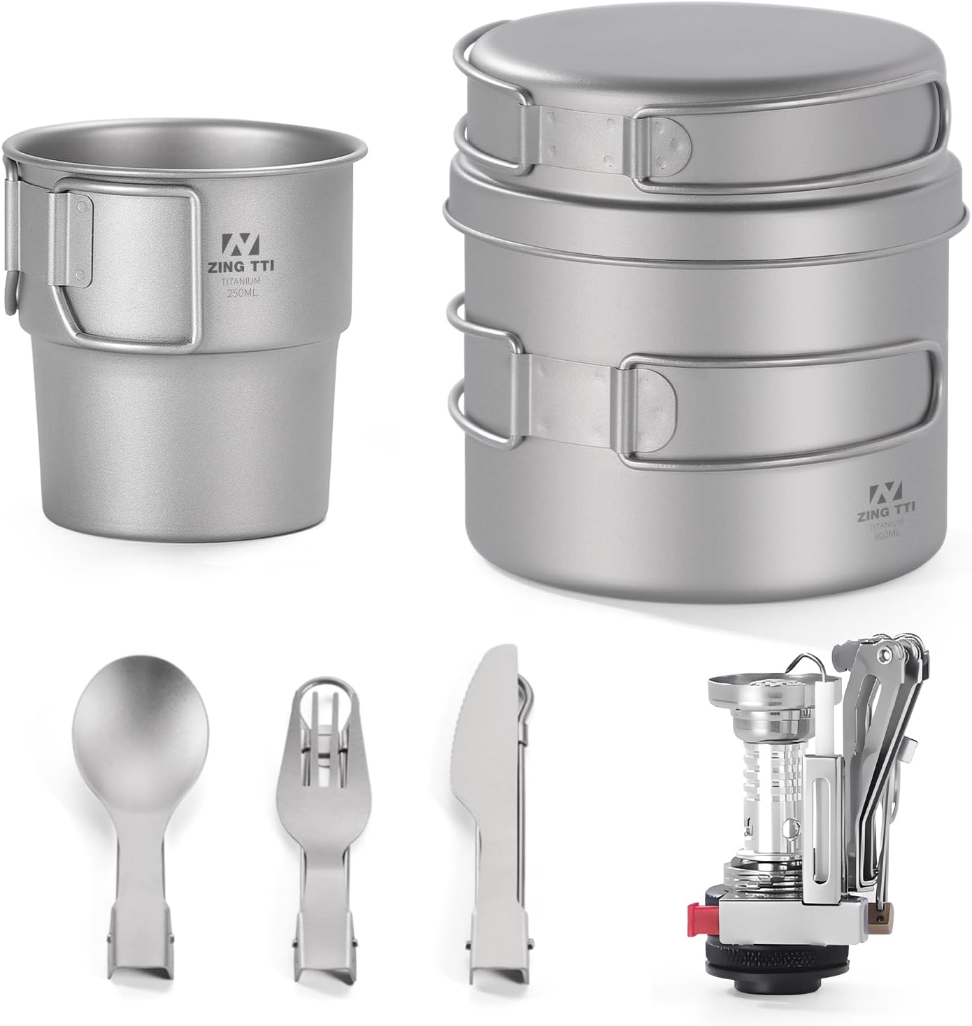 Set cocina camping titanio con ollas, tazas y cubiertos